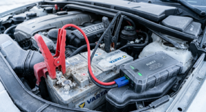 Baterie externa auto jump starter compacta conectata cu cleme la bateria unei masini pe timp de iarna