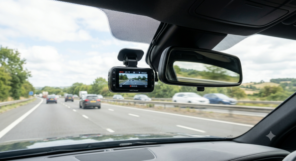 Camera auto DVR de bord montata pe parbrizul unei masini inregistrand traficul pe timp de zi