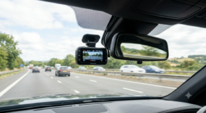 Camera auto DVR de bord montata pe parbrizul unei masini inregistrand traficul pe timp de zi