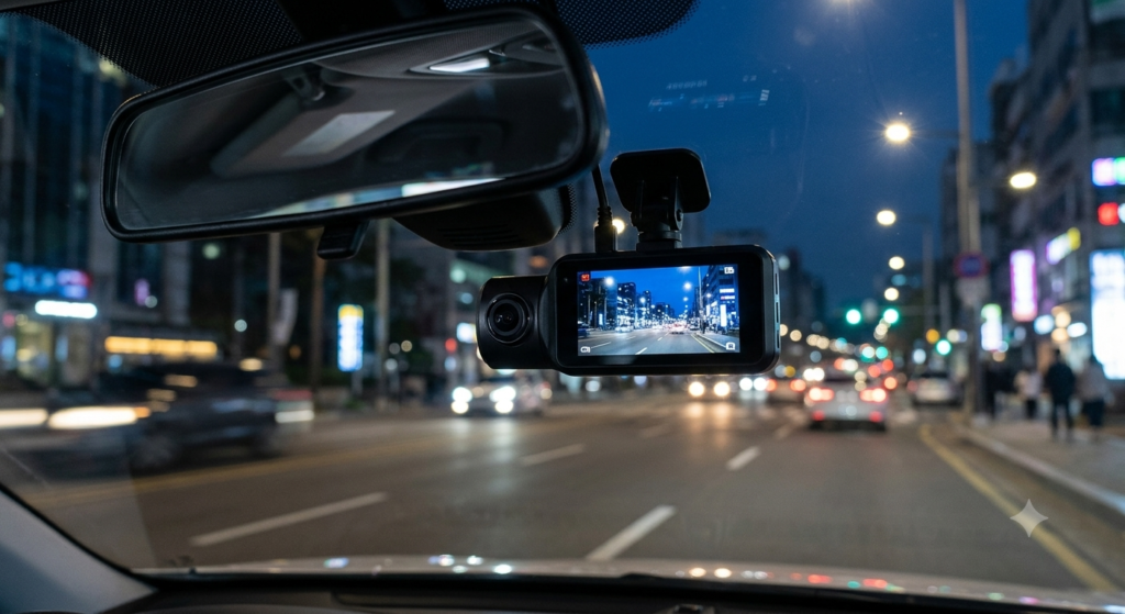 Camera de bord dashcam cu senzor de noapte montata pe parbrizul unei masini