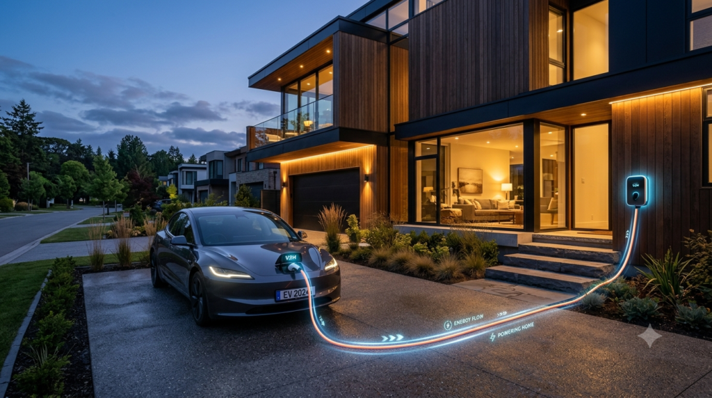 Vehicul electric conectat la o stație bidirecțională V2H pentru alimentarea unei case smart