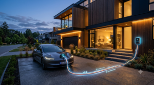 Vehicul electric conectat la o stație bidirecțională V2H pentru alimentarea unei case smart