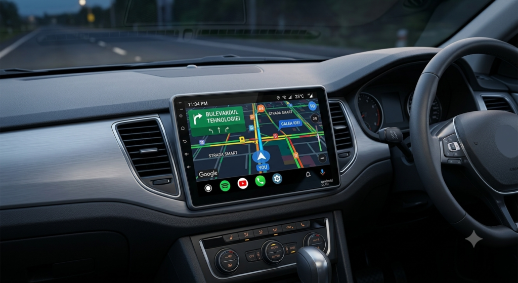 Navigatie auto dedicata cu ecran tactil montata pe bordul masinii ruland o harta GPS