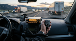 Statie radio CB auto portabila compacta montata la bordul unei masini pregatita pentru drum lung
