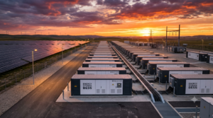 Container industrial BESS de stocare a energiei conectat la un parc fotovoltaic și la rețeaua electrică