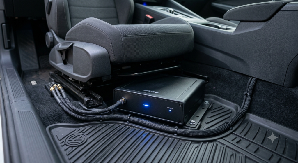 Subwoofer auto activ slim montat sub scaunul din fata al unei masini