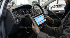Tester de diagnoza auto OBD2 conectat la mufa unei masini afisand coduri de eroare pe ecran