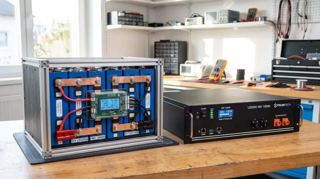 Banc de baterii LiFePO4 DIY cu celule prismatice și Smart BMS comparat cu o baterie de rack industrială