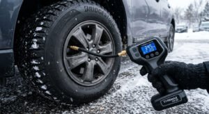 Compresor auto portabil pe acumulator conectat la roata unei mașini pe timp de iarnă