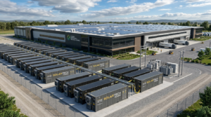 Sistem BESS de stocare industrială a energiei într-un container lângă o hală de producție