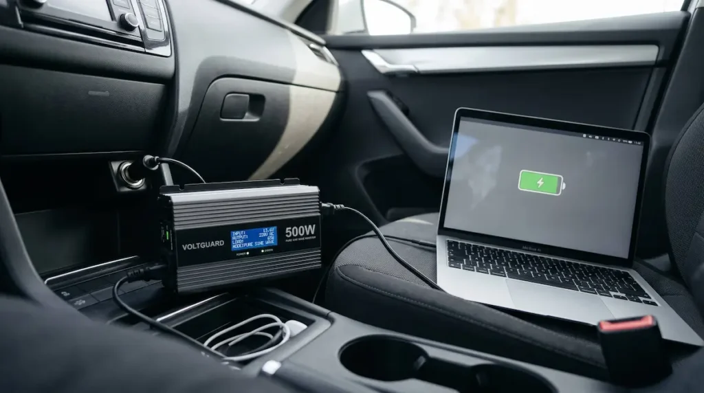 Invertor auto 12V-220V cu undă sinusoidală pură montat în mașină alimentând un laptop