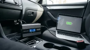 Invertor auto 12V-220V cu undă sinusoidală pură montat în mașină alimentând un laptop