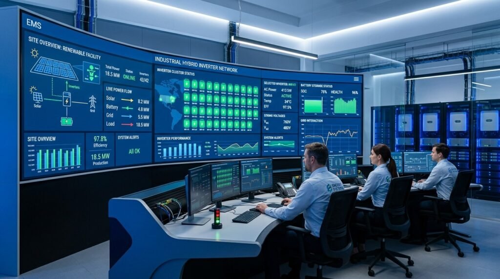 Invertor hibrid industrial și ecran de monitorizare software EMS pentru sistem BESS