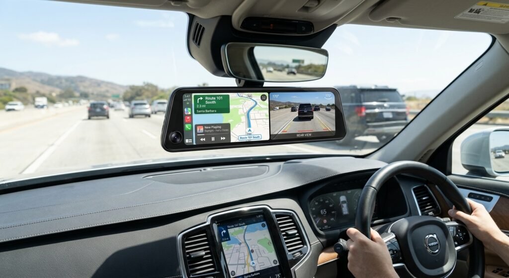 Oglindă inteligentă cu ecran touch instalată în mașină afișând camera de marșarier și interfața CarPlay