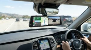 Oglindă inteligentă cu ecran touch instalată în mașină afișând camera de marșarier și interfața CarPlay