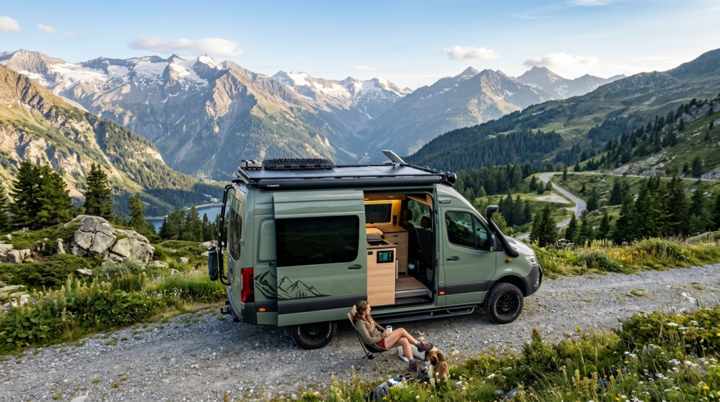 Panou solar flexibil montat pe cupola unui camper van conectat la un regulator MPPT