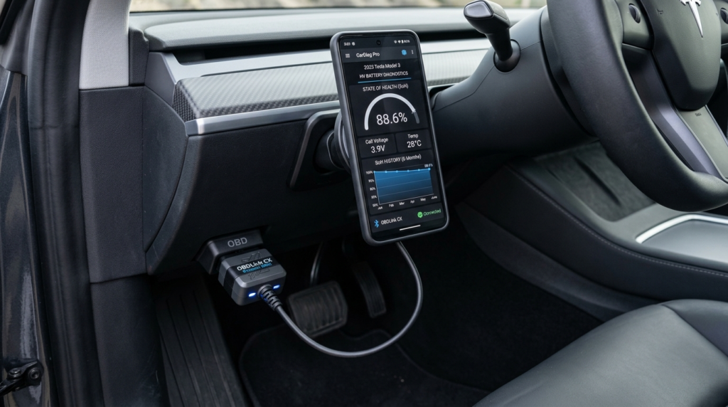 Scaner OBD2 Bluetooth conectat la portul mașinii și smartphone afișând parametrii SoH ai bateriei