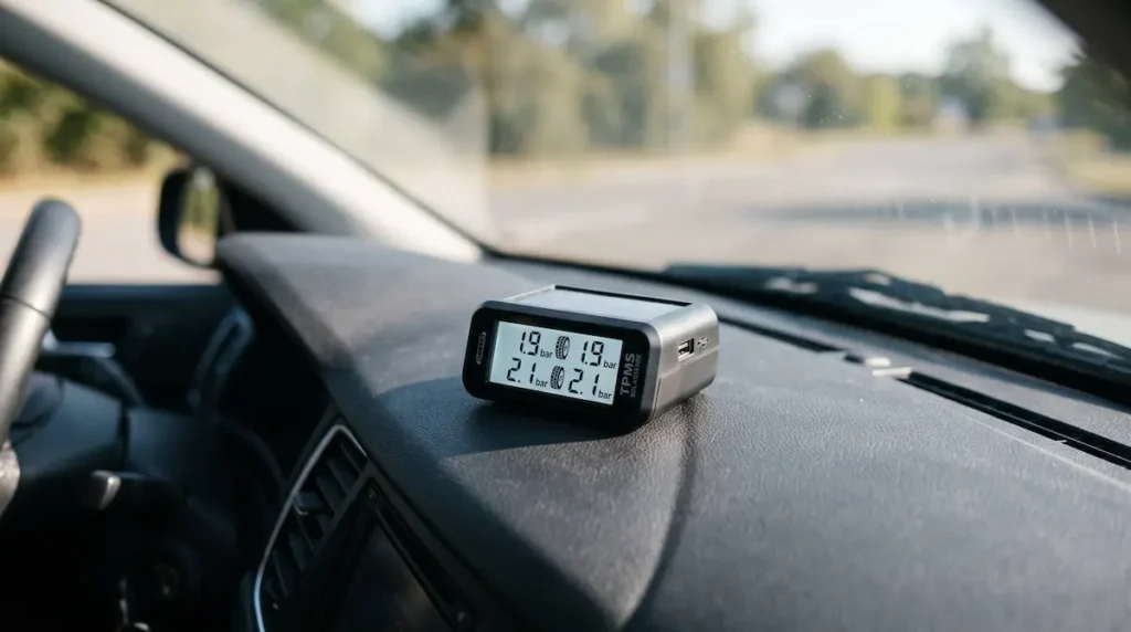 Sistem de senzori presiune TPMS externi cu afișaj solar pe bordul unei mașini
