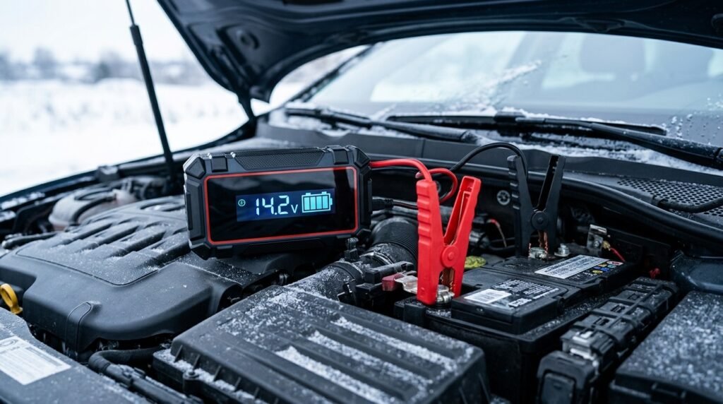 Starter auto compact pe litiu conectat la bornele bateriei unei mașini pe timp de iarnă