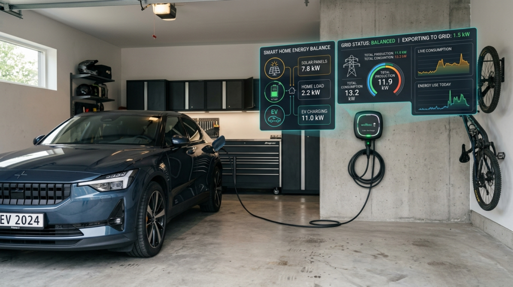 Stație de încărcare Wallbox Smart conectată la un vehicul electric cu senzor de balansare dinamică DLM