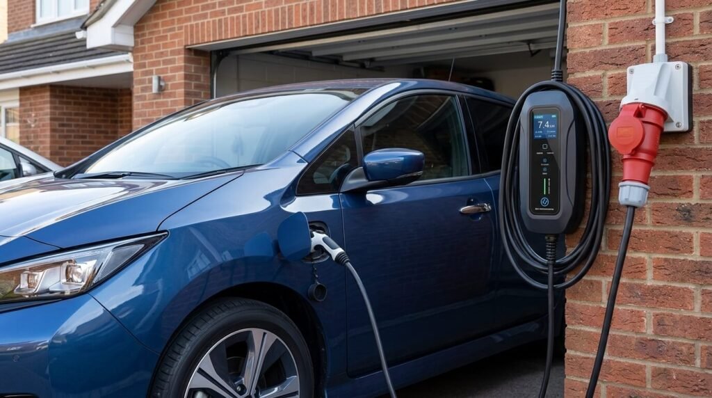 Stație de încărcare auto portabilă Type 2 conectată la o mufă industrială roșie alimentând o mașină electrică