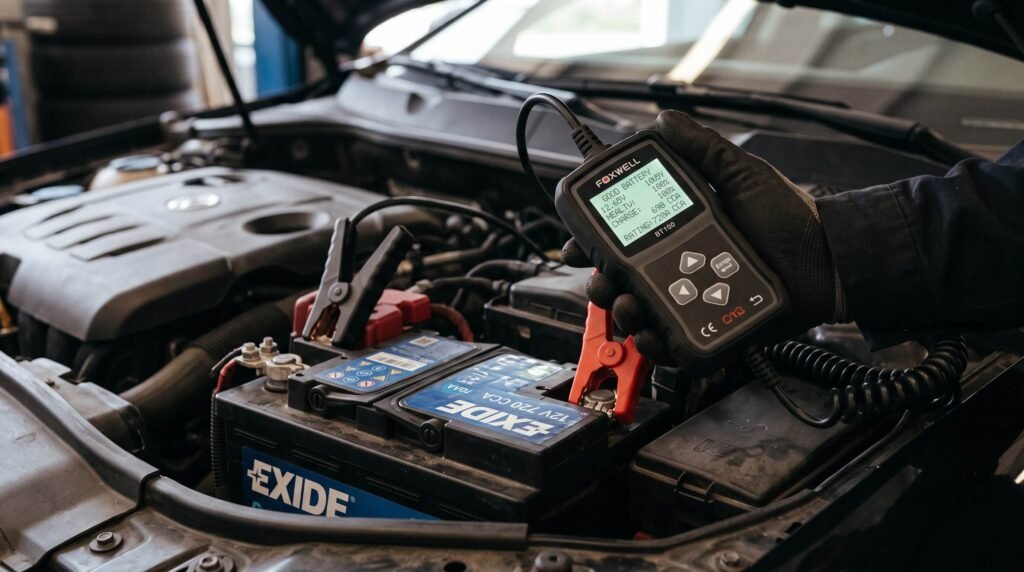 Tester baterie auto digital conectat la bornele unui acumulator auto afișând starea de sănătate SoH