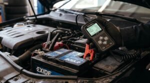 Tester baterie auto digital conectat la bornele unui acumulator auto afișând starea de sănătate SoH