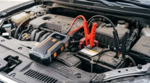 Jump starter auto portabil conectat la bateria unei mașini sub capota deschisă