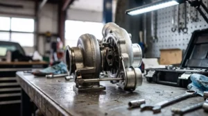 Turbosuflanta auto sefi-demontata pe bancul de lucru pentru verificare tehnica