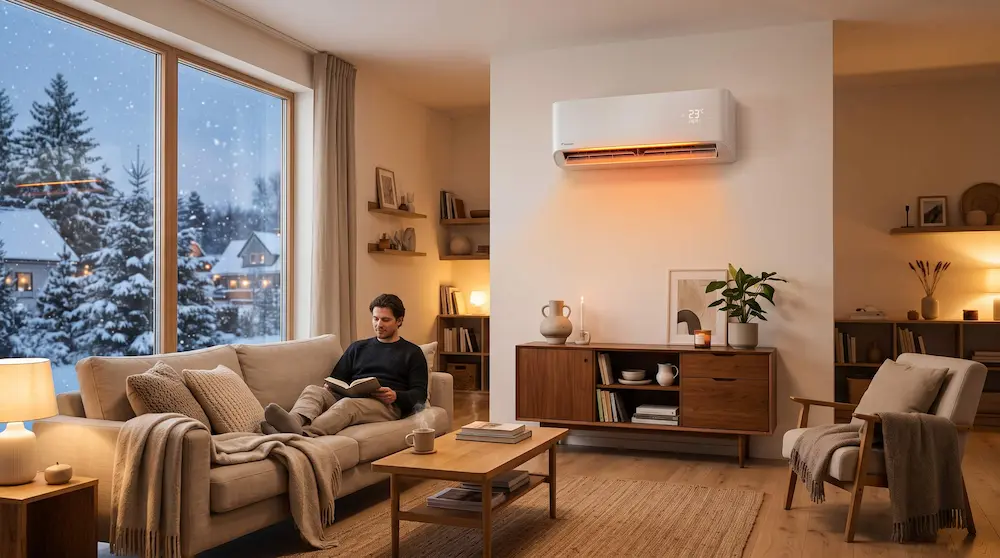Unitate interioară de aer condiționat inverter modern montată în living pe modul de încălzire