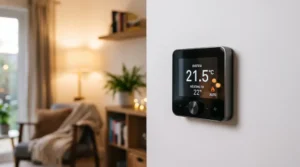 Termostat inteligent Smart Wi-Fi montat pe perete afisand temperatura din camera